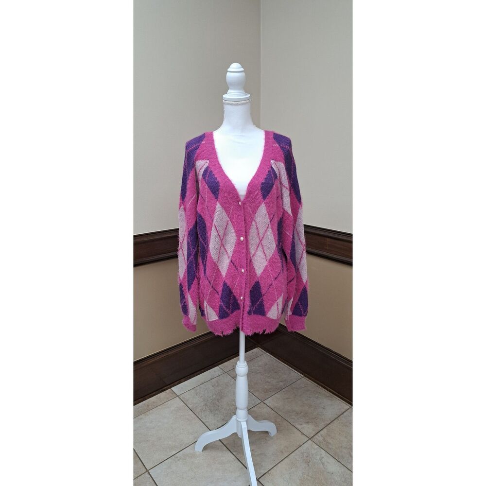 Umgee NWT Argyle Cardigan Sweater- XL- Pink/Purple-Cozy Academia Preppy Romantic